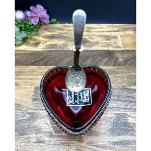 Westminster Hand Made English Red Crystal Heart Silver Plate Bowl With Spoon